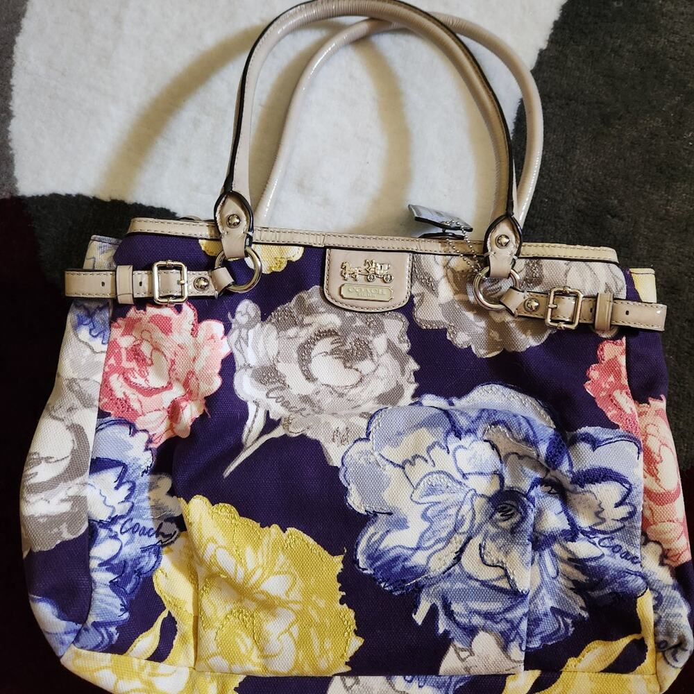Coach Madison Kara Floral Print Shoulder Bag | Navy Blue Rose Tote Handbag
